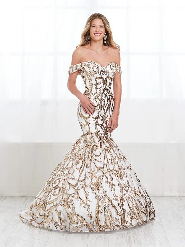 cocktail dresses with embroidered sleeves for elegance --Sequin Print Off Shoulder Mermaid Dress by Tiffany Designs 16394 cocktail dresses with embroidered sleeves for elegance --Sequin Print Off Shoulder Mermaid Dress by Tiffany Designs 16394