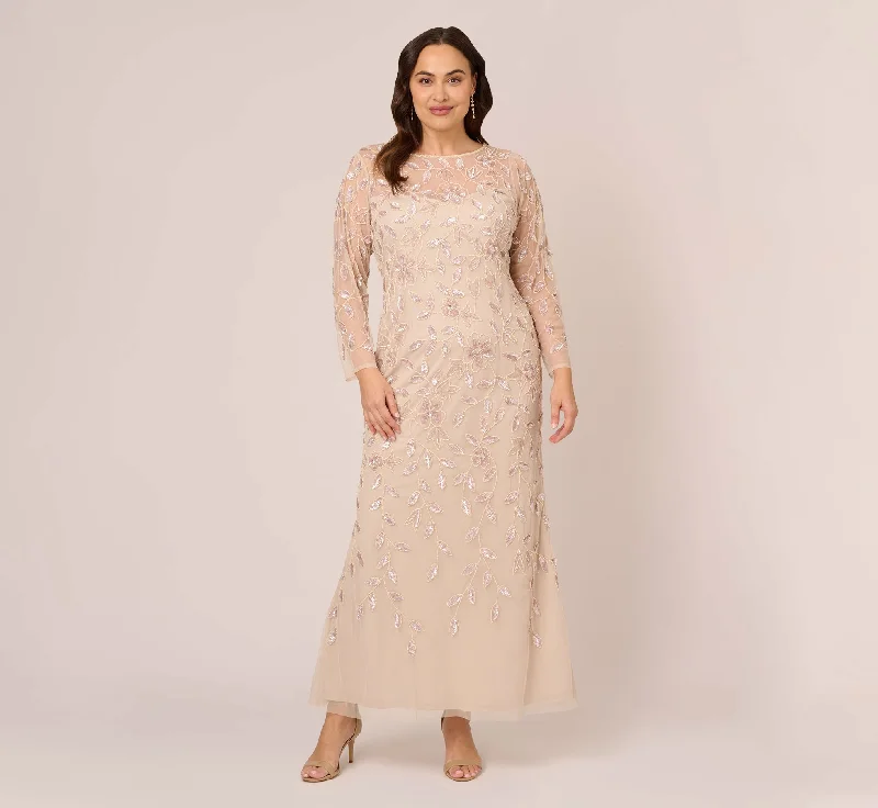 formal dresses with floral embroidery for spring occasions --Plus Size Illusion Floral Beaded Gown With Sheer Long Sleeves In Latte formal dresses with floral embroidery for spring occasions --Plus Size Illusion Floral Beaded Gown With Sheer Long Sleeves In Latte