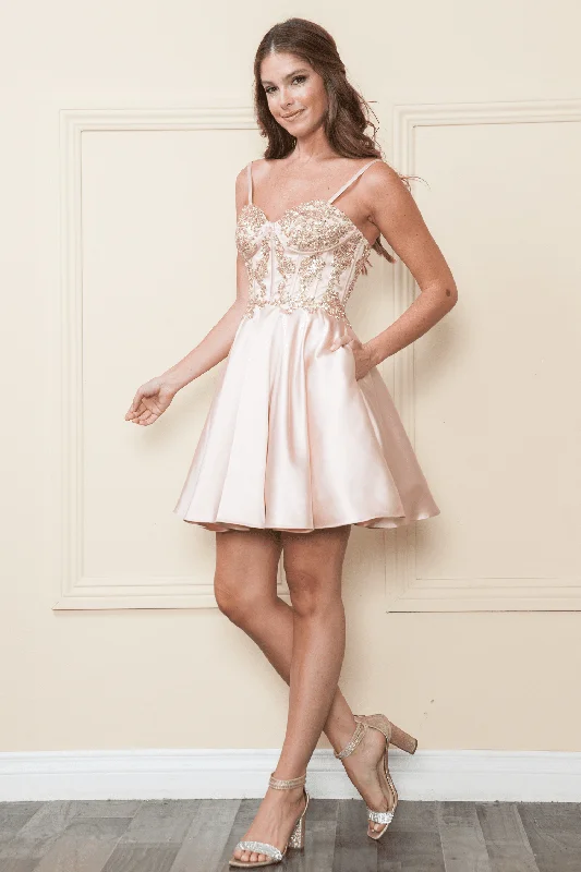 Sleek black party dresses for formal gatherings -Embroidered Short A-line Corset Dress by Poly USA 9084 Sleek black party dresses for formal gatherings -Embroidered Short A-line Corset Dress by Poly USA 9084