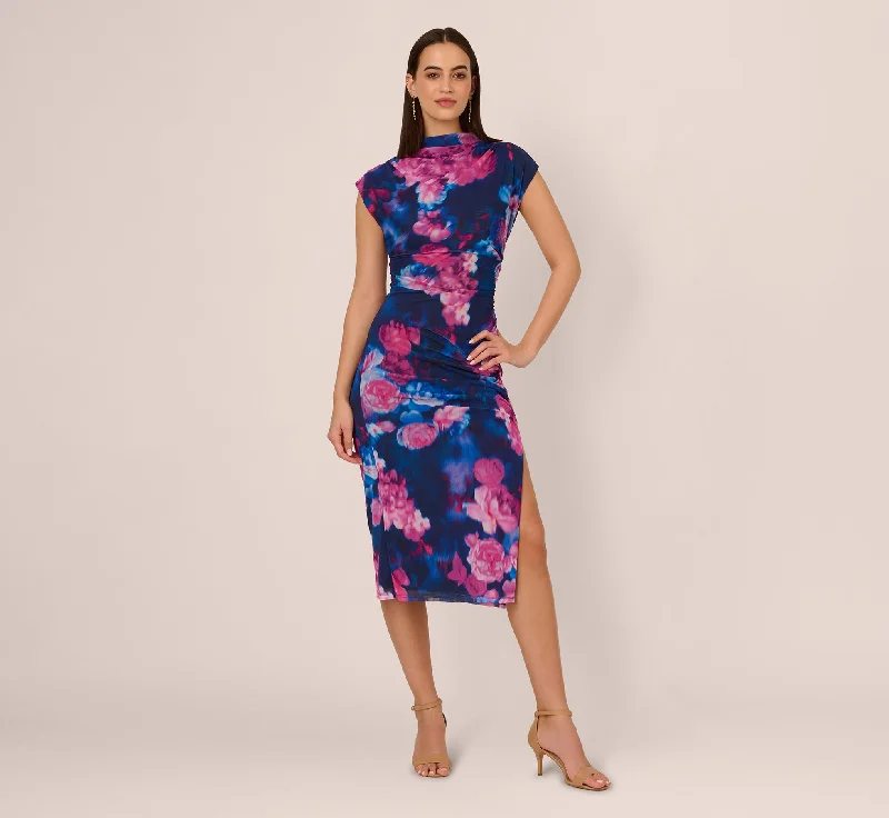 Spring dresses with open-back designs for a daring look -Sleeveless Floral Mesh Draped Midi Dress In Navy Pink Multi Spring dresses with open-back designs for a daring look -Sleeveless Floral Mesh Draped Midi Dress In Navy Pink Multi