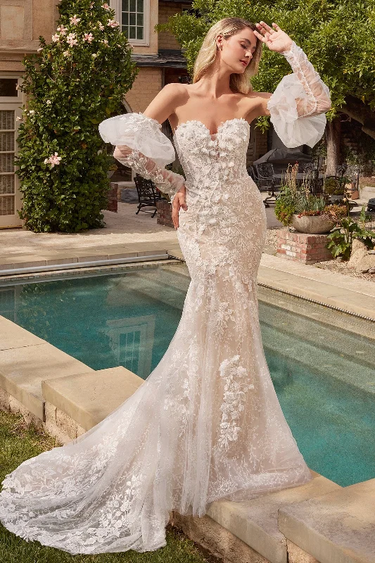 Wedding guest dresses for summer outdoor ceremonies -Puff Sleeve Lace Mermaid Bridal Gown by Ladivine CDS431W Wedding guest dresses for summer outdoor ceremonies -Puff Sleeve Lace Mermaid Bridal Gown by Ladivine CDS431W