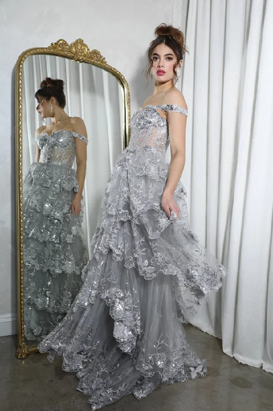 formal dresses with floral prints for garden weddings --Off Shoulder A-line Tiered Gown by Eureka EK102 formal dresses with floral prints for garden weddings --Off Shoulder A-line Tiered Gown by Eureka EK102