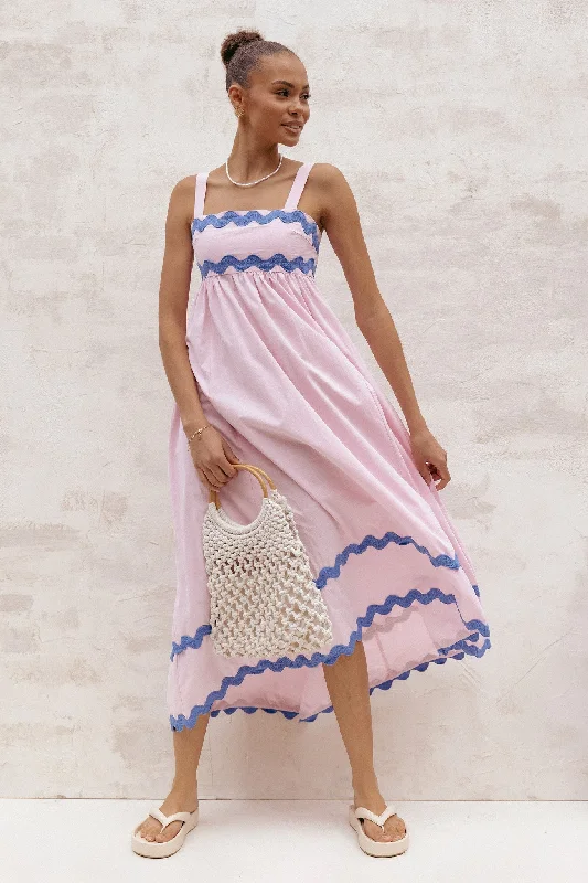 Pretty pastel dresses for springtime parties -Fitzgerald Maxi Dress - Pink/Blue Trim Pretty pastel dresses for springtime parties -Fitzgerald Maxi Dress - Pink/Blue Trim