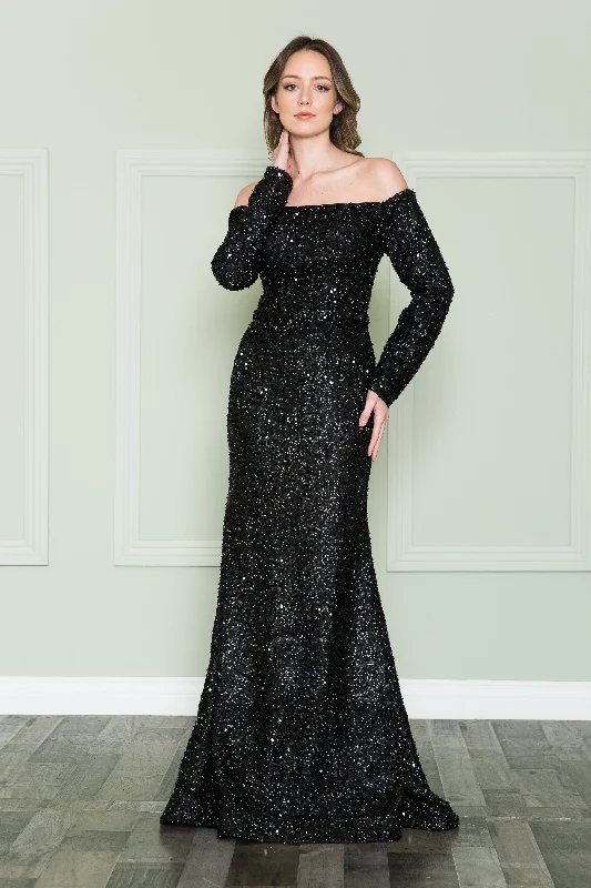 Wedding guest dresses that work well with metallic accessories -Long Off Shoulder Sequin Dress by Poly USA 8876 Wedding guest dresses that work well with metallic accessories -Long Off Shoulder Sequin Dress by Poly USA 8876