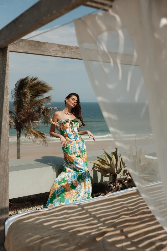 Wedding guest dresses for evening galas with a formal touch -Harriet Off Shoulder Maxi Dress - Malta Print Wedding guest dresses for evening galas with a formal touch -Harriet Off Shoulder Maxi Dress - Malta Print