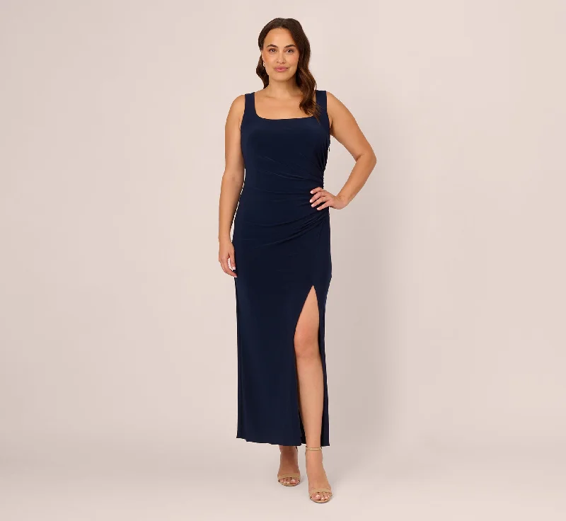 formal dresses with off-shoulder sleeves for summer events --Plus Size Sleeveless Jersey Gown With Embellished Lace Cowl Back In Midnight