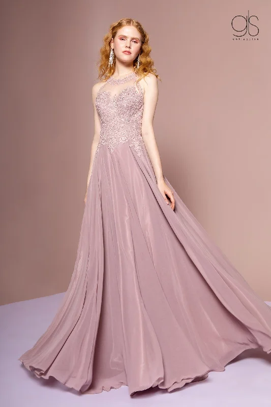 bridesmaid dresses with floral prints for garden parties --Long High Neck Dress with Sheer Applique Top by Elizabeth K GL2690 bridesmaid dresses with floral prints for garden parties --Long High Neck Dress with Sheer Applique Top by Elizabeth K GL2690