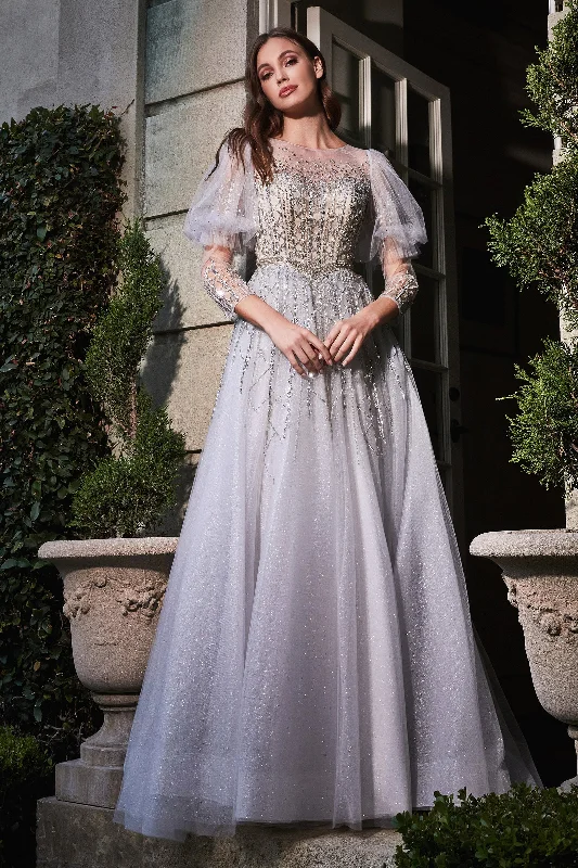Wedding guest dresses for casual yet chic evening affairs -Beaded 3/4 Sleeve Tulle Gown by Cinderella Divine B707 Wedding guest dresses for casual yet chic evening affairs -Beaded 3/4 Sleeve Tulle Gown by Cinderella Divine B707