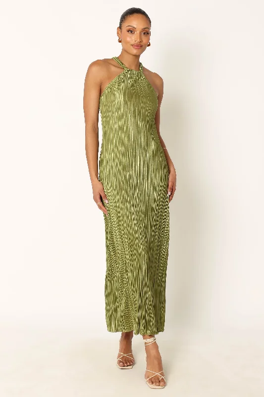 Wedding guest dresses in classic neutral colors -Melody Plisse Halter Maxi Dress - Olive