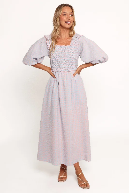 Elegant spring dresses for an outdoor evening event -Lille Midi Dress - Blue Gingham Elegant spring dresses for an outdoor evening event -Lille Midi Dress - Blue Gingham