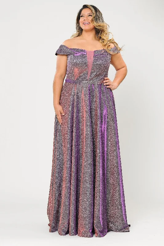 Wedding guest dresses for both day and night celebrations -Plus Size Long Off Shoulder Glitter Dress by Poly USA W1060 Wedding guest dresses for both day and night celebrations -Plus Size Long Off Shoulder Glitter Dress by Poly USA W1060
