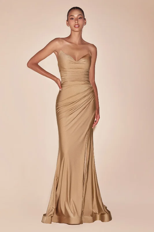 bridesmaid dresses with chiffon overlays for soft texture --Satin Fitted Strapless Slit Gown by Ladivine CD791 bridesmaid dresses with chiffon overlays for soft texture --Satin Fitted Strapless Slit Gown by Ladivine CD791