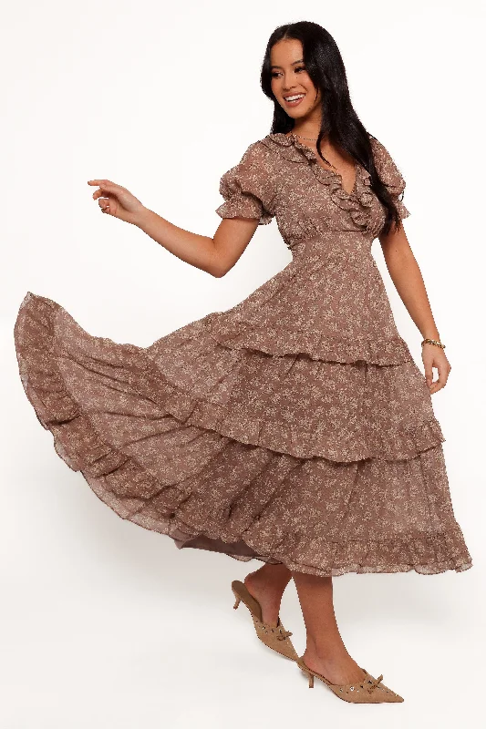 Short wedding guest dresses that are perfect for afternoon events -Dayla Maxi Dress - Brown/Light Beige Short wedding guest dresses that are perfect for afternoon events -Dayla Maxi Dress - Brown/Light Beige