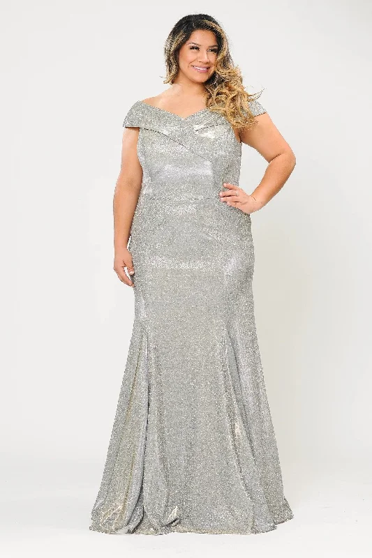 Wedding guest dresses in vibrant colors for lively weddings -Plus Size Off Shoulder Glitter Mermaid Dress by Poly USA W1042