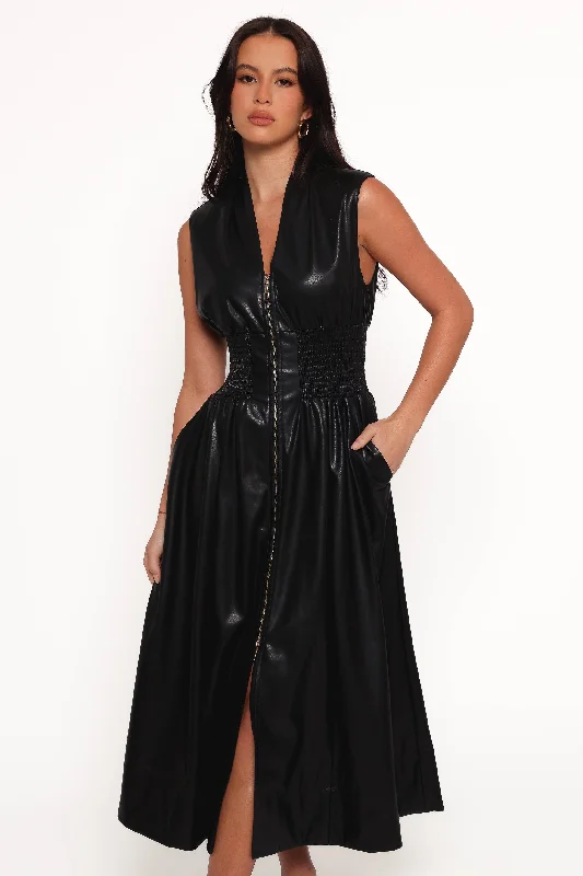 Affordable cocktail dresses for budget-conscious shoppers -Lizzi Faux Leather Midi Dress - Black Affordable cocktail dresses for budget-conscious shoppers -Lizzi Faux Leather Midi Dress - Black