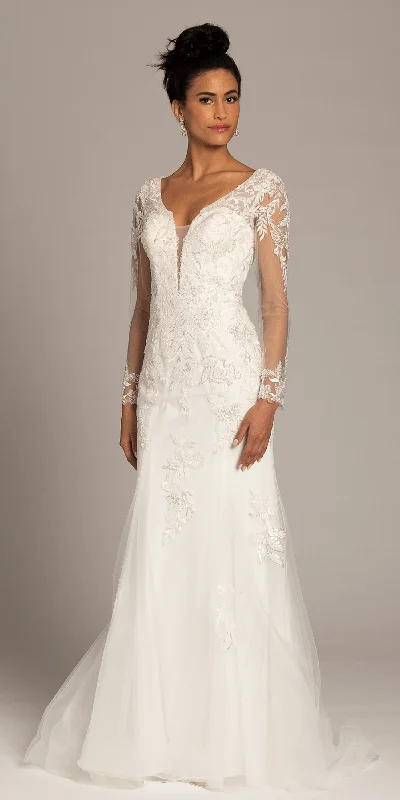 Gorgeous wedding guest dresses for a sunset beach ceremony -Floral Embroidered Plunging Long Sleeve Tulle Trumpet Dress