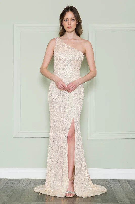 cocktail dresses with wrap fronts for flattering fit --Fitted One Shoulder Sequin Gown by Poly USA 8898
