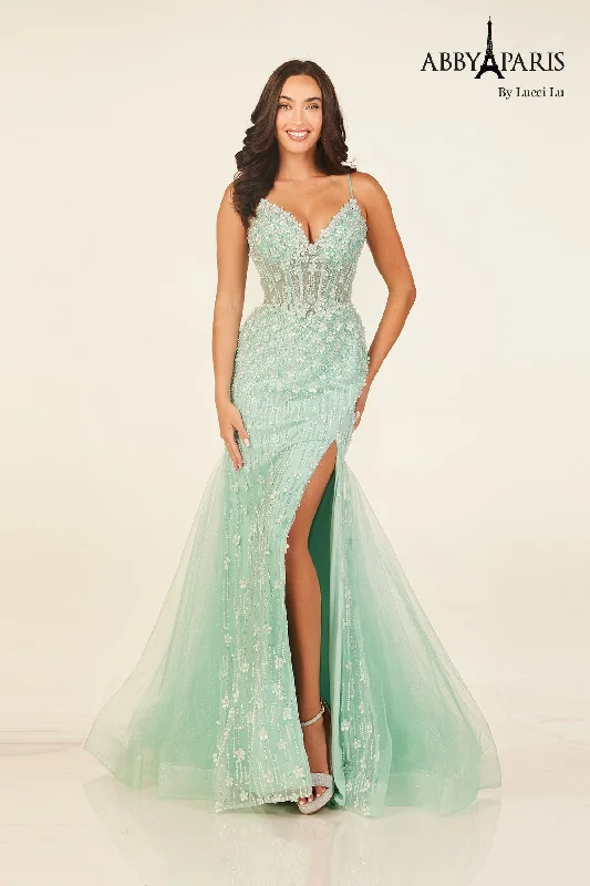 cocktail dresses with floral appliques for spring vibes --Beaded Fitted V-Neck Slit Gown by Abby Paris 90334 cocktail dresses with floral appliques for spring vibes --Beaded Fitted V-Neck Slit Gown by Abby Paris 90334