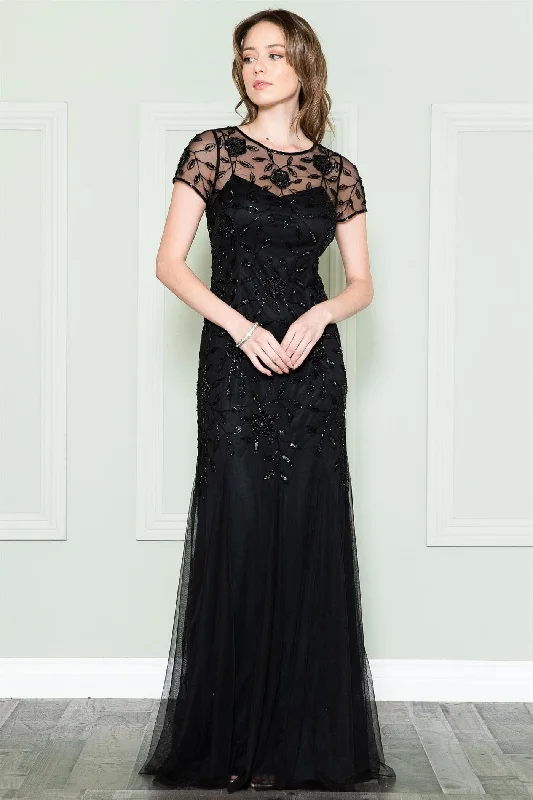 Classic A-line dresses for wedding guest outfits -Beaded Short Sleeve Mesh Gown by Amelia Couture IN002 Classic A-line dresses for wedding guest outfits -Beaded Short Sleeve Mesh Gown by Amelia Couture IN002