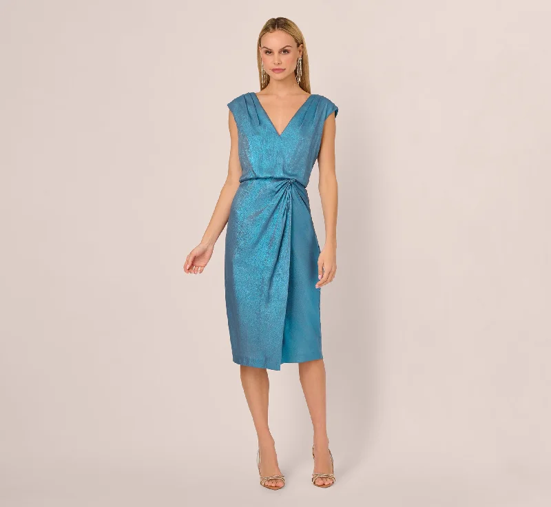 Wedding guest dresses with pockets for practicality -Foil Blouson Midi Dress With Faux Wrap Skirt In Ocean Dream Wedding guest dresses with pockets for practicality -Foil Blouson Midi Dress With Faux Wrap Skirt In Ocean Dream