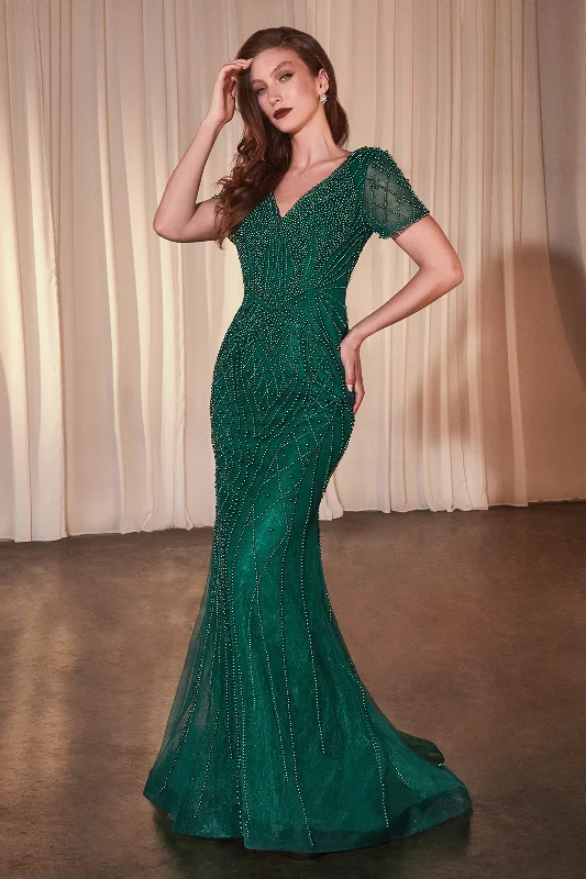 Wedding guest dresses with shimmer for evening events -Beaded Fitted Short Sleeve Gown by Ladivine CC4019 Wedding guest dresses with shimmer for evening events -Beaded Fitted Short Sleeve Gown by Ladivine CC4019