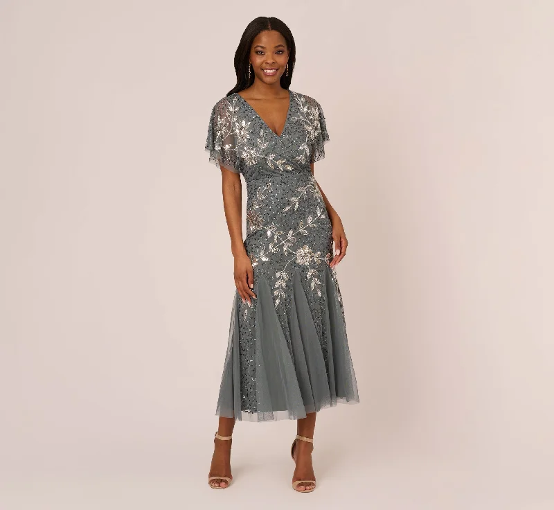 Wedding guest dresses with high-low hemlines for modern flair -Vine Beaded Ankle Length Gown With Flutter Sleeves In Pewter Silver Wedding guest dresses with high-low hemlines for modern flair -Vine Beaded Ankle Length Gown With Flutter Sleeves In Pewter Silver