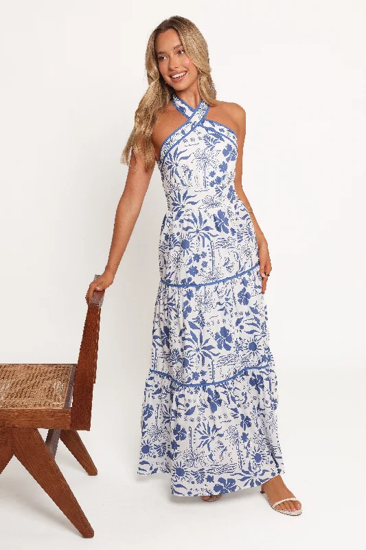 Bridesmaid party dresses for chic looks -Fernanda Halterneck Maxi Dress - Blue Tropical Bridesmaid party dresses for chic looks -Fernanda Halterneck Maxi Dress - Blue Tropical