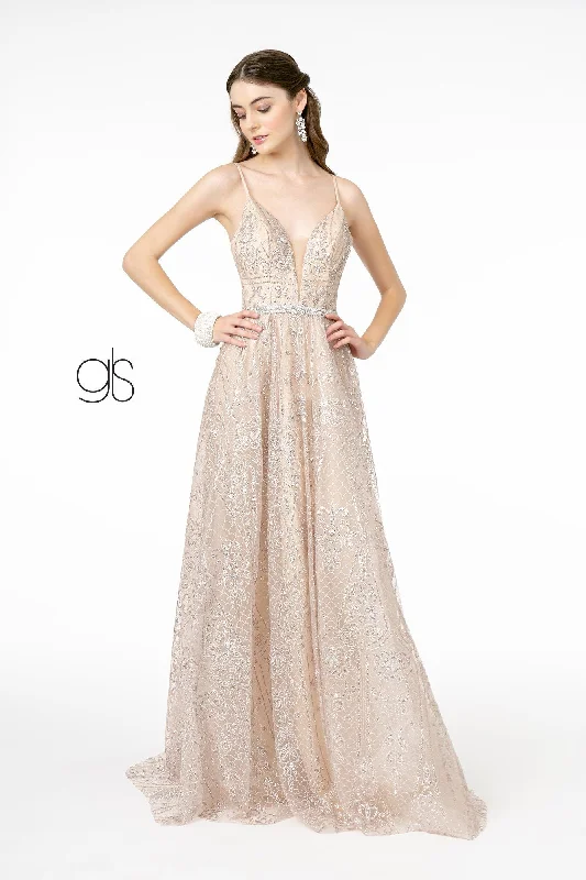 cocktail dresses with floral prints for daytime events --A-Line Glitter Gown with Deep V-Neck by Elizabeth K GL2915