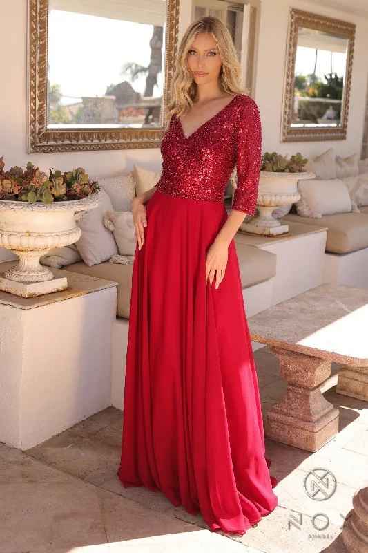 Wedding guest dresses with halter necklines for added style -Sequin Bodice 3/4 Sleeve A-line Gown by Nox Anabel MF103 Wedding guest dresses with halter necklines for added style -Sequin Bodice 3/4 Sleeve A-line Gown by Nox Anabel MF103