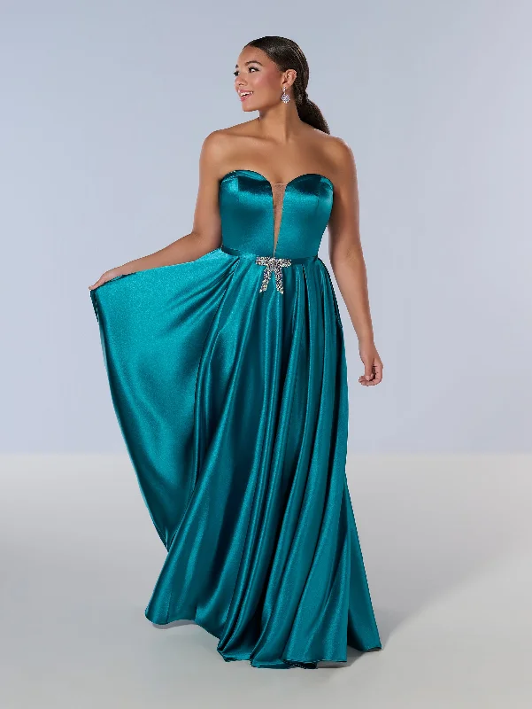 cocktail dresses with pleated skirts for elegant flow --Curvy Charmeuse Strapless Gown by Tiffany Designs 16219