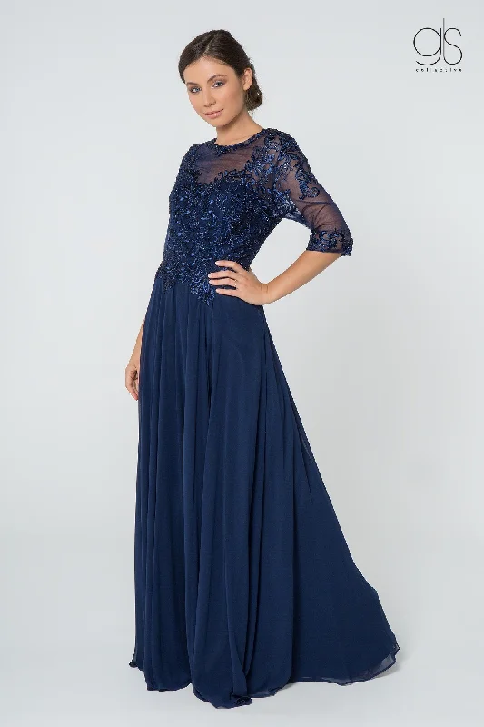 Perfect wedding guest dresses for beach weddings and celebrations -Long Embroidered Dress with Mid-Sleeves by Elizabeth K GL2812 Perfect wedding guest dresses for beach weddings and celebrations -Long Embroidered Dress with Mid-Sleeves by Elizabeth K GL2812