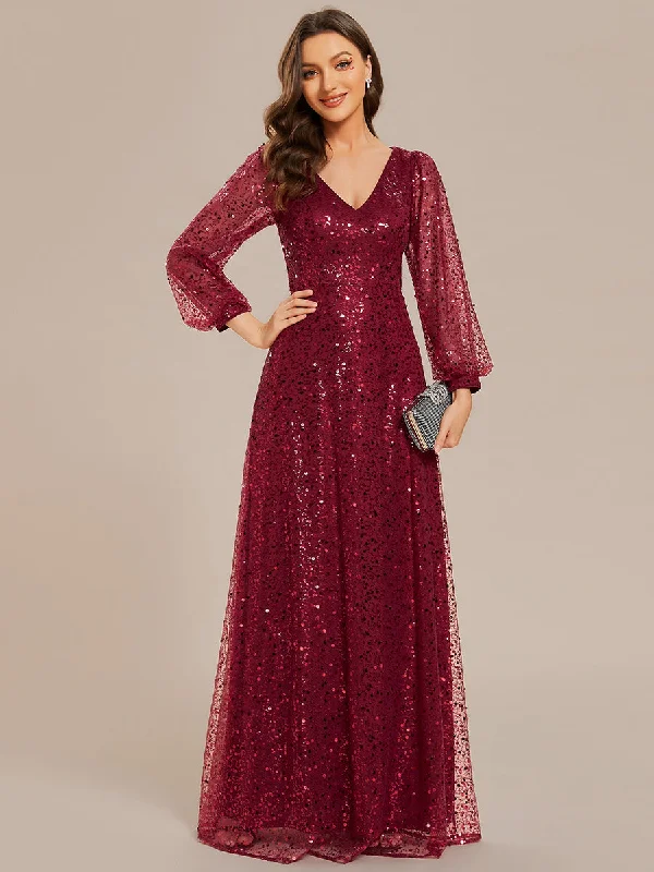Comfortable dresses for long cocktail events -Elegant waisted chiffon V-neck long sleeve guest dress wholesale Comfortable dresses for long cocktail events -Elegant waisted chiffon V-neck long sleeve guest dress wholesale