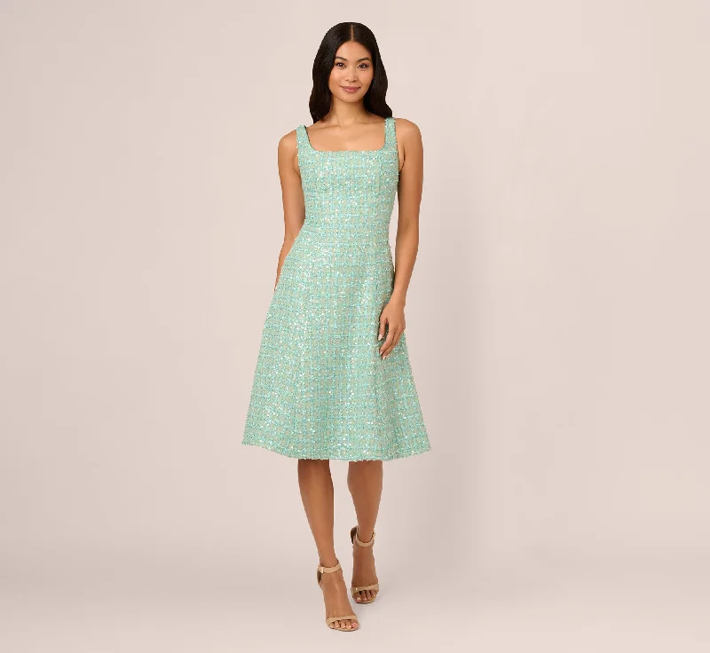Wedding guest dresses in luxurious fabrics like velvet and satin -Fit And Flare Sequin Boucle Dress In Sage Wedding guest dresses in luxurious fabrics like velvet and satin -Fit And Flare Sequin Boucle Dress In Sage