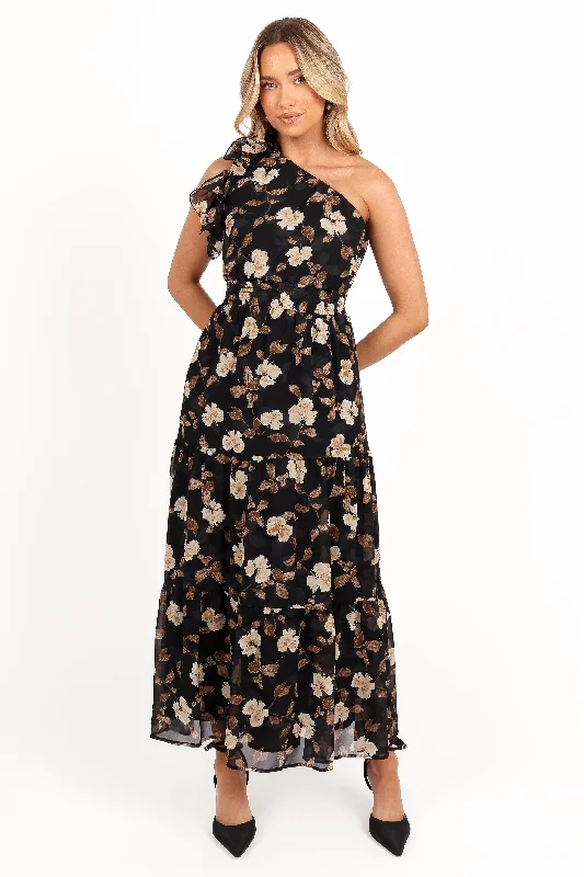 cocktail dresses with mesh sleeves for subtle coverage --Layley One Shoulder Maxi Dress - Black Floral