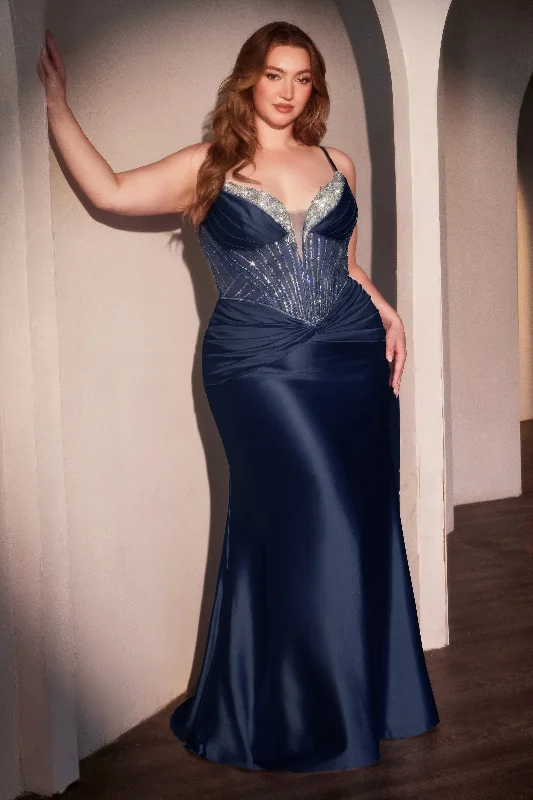 cocktail dresses with puffed sleeves for vintage flair --Plus Size Beaded Satin V-Neck Gown by Ladivine CD752C cocktail dresses with puffed sleeves for vintage flair --Plus Size Beaded Satin V-Neck Gown by Ladivine CD752C