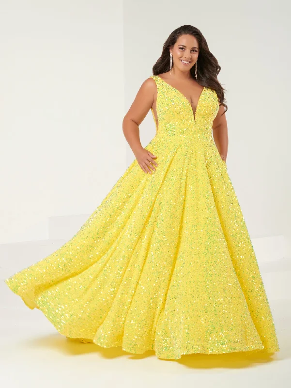 Minimalist wedding guest dresses for modern elegance -Plus Size Velvet Sequin A-line Gown by Tiffany Designs 16963 Minimalist wedding guest dresses for modern elegance -Plus Size Velvet Sequin A-line Gown by Tiffany Designs 16963