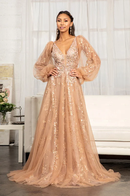 Wedding guest dresses with an elegant, timeless appeal -Puff Sleeve Glitter Print Gown by Elizabeth K GL3001 Wedding guest dresses with an elegant, timeless appeal -Puff Sleeve Glitter Print Gown by Elizabeth K GL3001