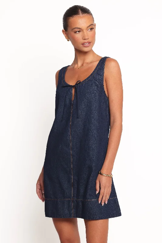 Affordable spring dresses with vintage-inspired prints -Azen Mini Dress - Dark Denim Affordable spring dresses with vintage-inspired prints -Azen Mini Dress - Dark Denim