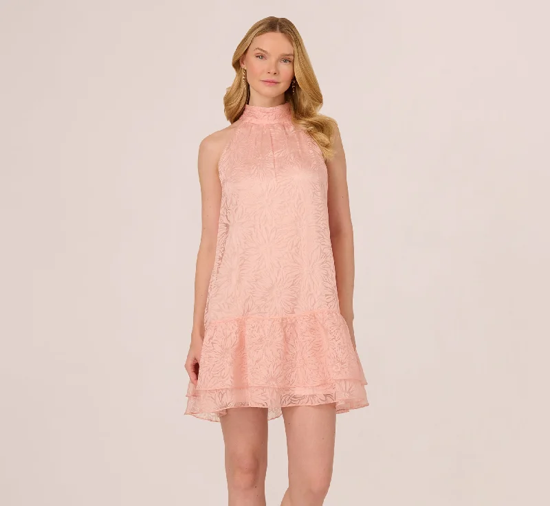 Wedding guest dresses for both day and night celebrations -Halter Burnout Floral Flounce Trapeze Dress In Blush Wedding guest dresses for both day and night celebrations -Halter Burnout Floral Flounce Trapeze Dress In Blush