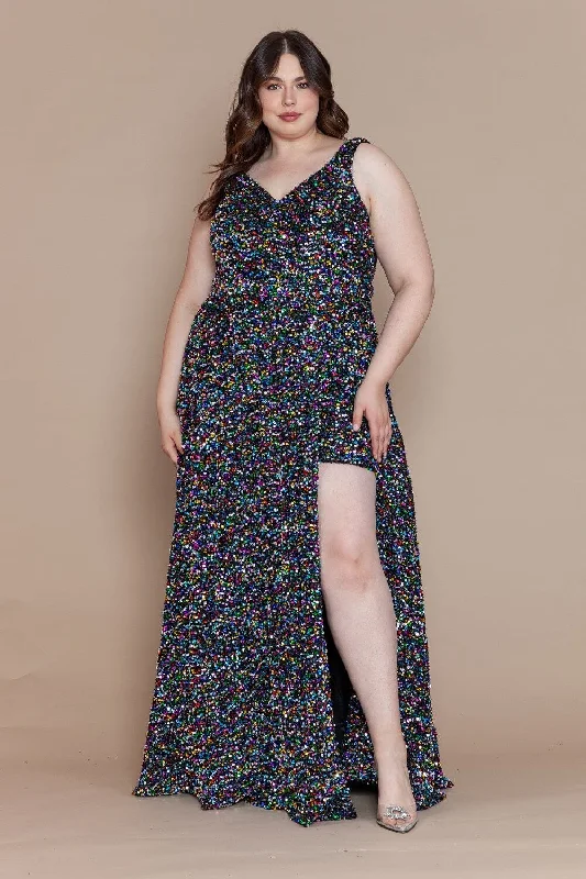 Chic and simple wedding guest dresses for minimalists -Plus Size Long Sequin V-Neck Dress by Poly USA W1128 Chic and simple wedding guest dresses for minimalists -Plus Size Long Sequin V-Neck Dress by Poly USA W1128
