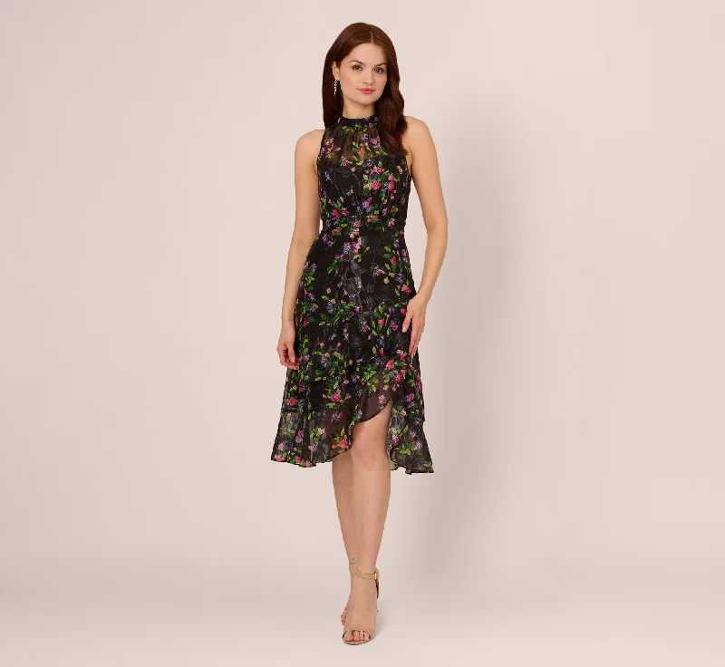 Wedding guest dresses with subtle sequins for a touch of sparkle -Floral Chiffon Halter Midi Dress With Flounce Hem In Black Multi