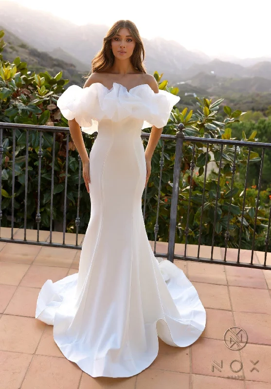 cocktail dresses with beaded straps for sparkle --Ruffled Off Shoulder Bridal Mermaid Gown by Nox Anabel JW984 cocktail dresses with beaded straps for sparkle --Ruffled Off Shoulder Bridal Mermaid Gown by Nox Anabel JW984