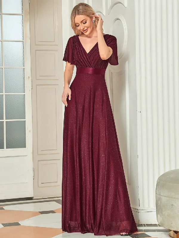 Retro party dresses for vintage-themed events -Deep V Neck Ruffles Sleeve A Line Wholesale Evening Dresses Retro party dresses for vintage-themed events -Deep V Neck Ruffles Sleeve A Line Wholesale Evening Dresses