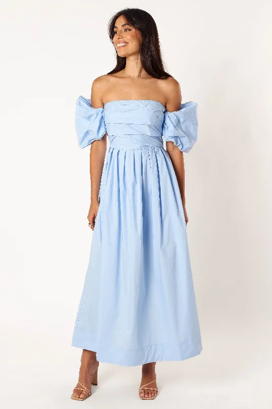 cocktail dresses with off-shoulder ruffles for feminine vibe --Solana Off Shoulder Midi Dress - Blue cocktail dresses with off-shoulder ruffles for feminine vibe --Solana Off Shoulder Midi Dress - Blue