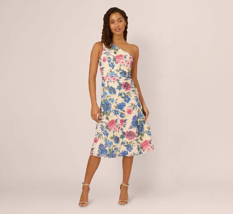 Best wedding guest dresses for an evening gala or celebration -One Shoulder Floral Soutache Midi Dress In Alabaster Multi Best wedding guest dresses for an evening gala or celebration -One Shoulder Floral Soutache Midi Dress In Alabaster Multi