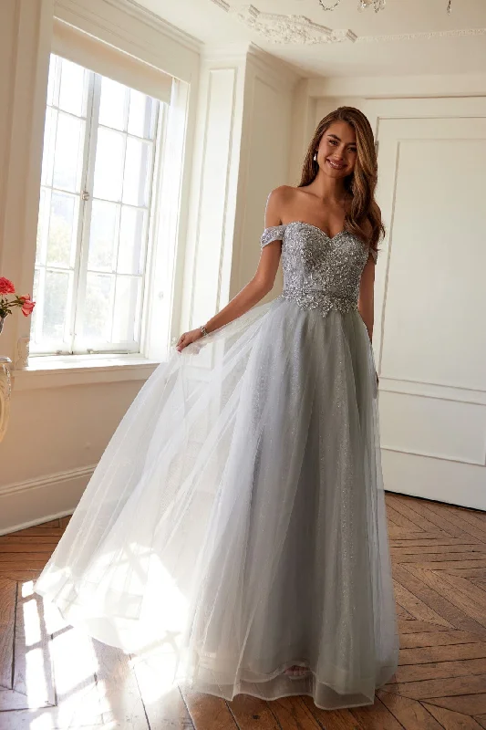 formal dresses with wrap design for adjustable fit --Beaded Off Shoulder A-line Gown by Juliet 287 formal dresses with wrap design for adjustable fit --Beaded Off Shoulder A-line Gown by Juliet 287