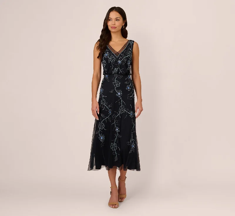 Elegant wedding guest dresses for formal evening events -Sleeveless Beaded Blouson Midi Dress In Midnight Multi Elegant wedding guest dresses for formal evening events -Sleeveless Beaded Blouson Midi Dress In Midnight Multi