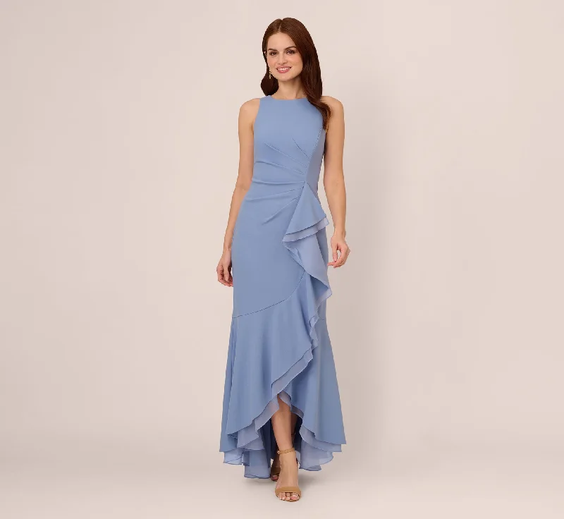 formal dresses with floral prints for garden weddings --High Low Crepe Halter Gown With Organza Draping In French Blue formal dresses with floral prints for garden weddings --High Low Crepe Halter Gown With Organza Draping In French Blue