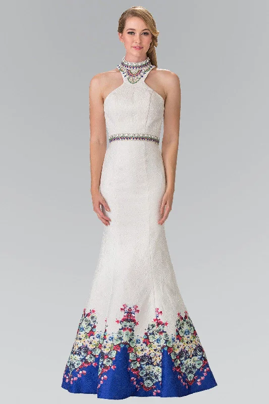 cocktail dresses with sequin skirts for party nights --Ivory Mermaid Dress with Blue Floral Print by Elizabeth K GL2218