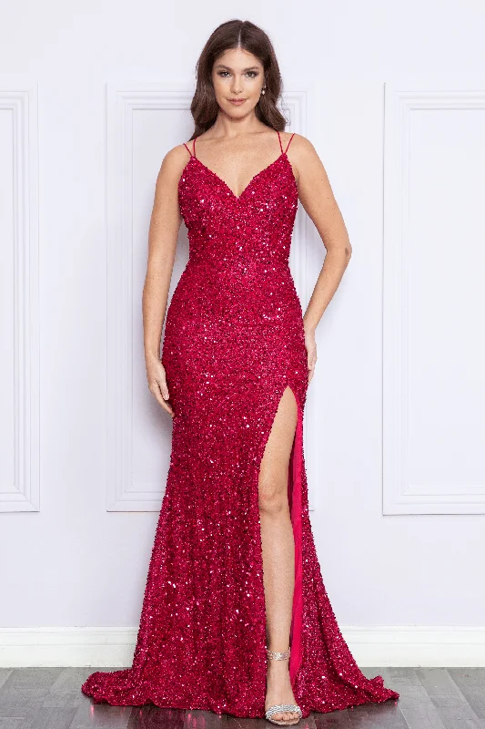 Wedding guest dresses with sleeves for extra coverage -Fitted V-Neck Sequin Slit Gown by Poly USA 9102 Wedding guest dresses with sleeves for extra coverage -Fitted V-Neck Sequin Slit Gown by Poly USA 9102